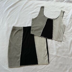 Paper Moon - Y2K Black White Grey Stripe Patchwork Bodycon Tank Top Skirt Set